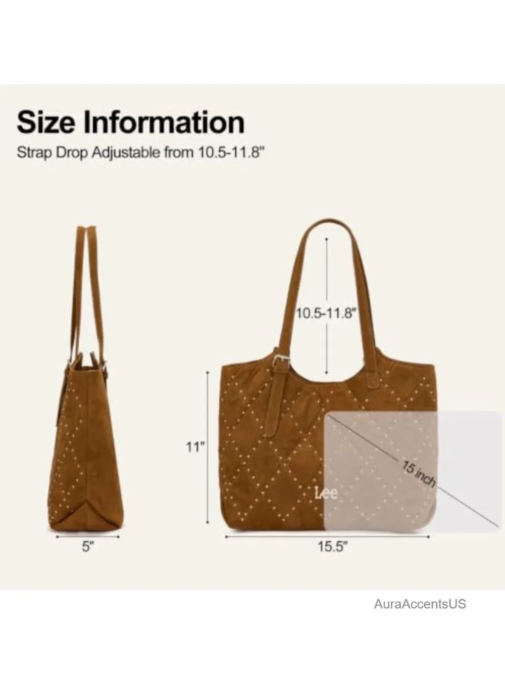Large Faux Suede Tote Bag with Adjustable Strap, 3 Compartments, Magnetic